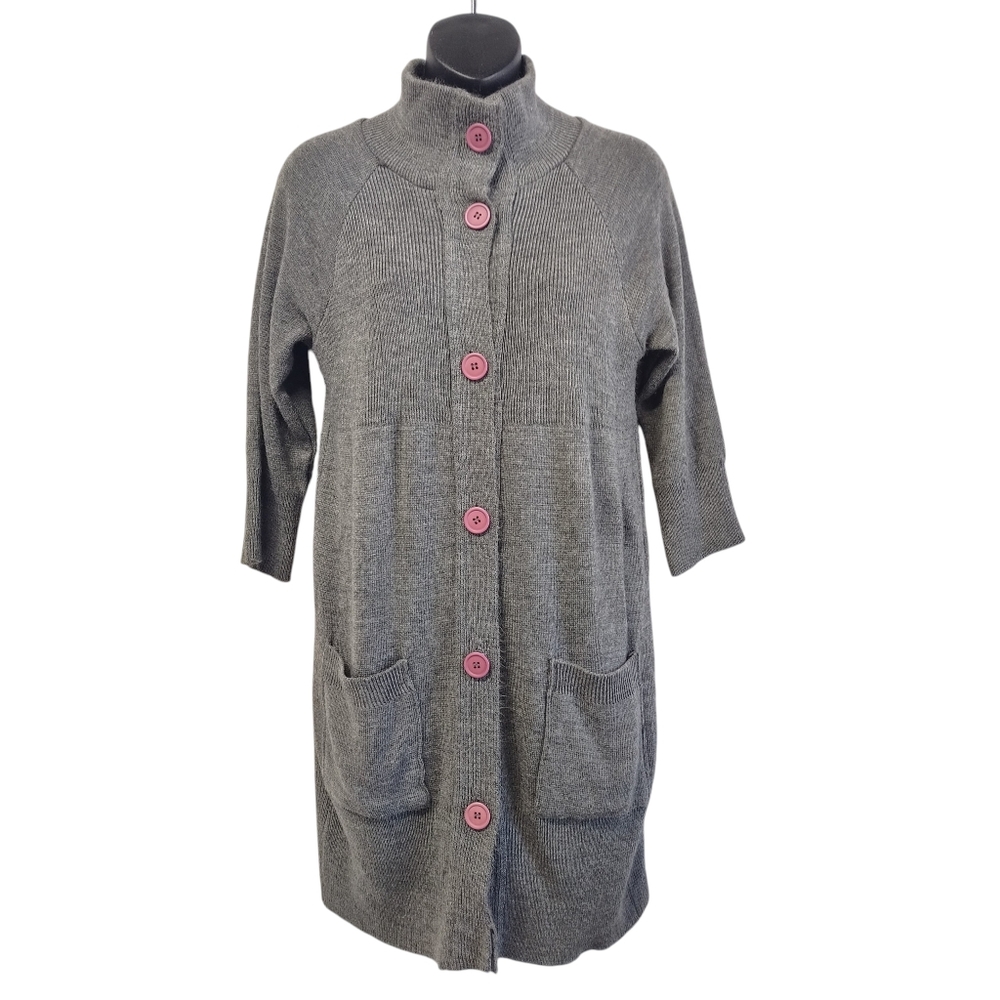 Tricot Joli USA Women's Gray Wool Blend Long Cardigan Pink Buttons Pockets Sz M
